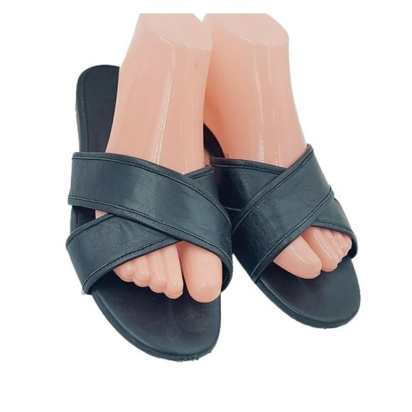 J. Crew Cora Black Leather Two Strap Slide Sandals Size 9 - Picture 1 of 10